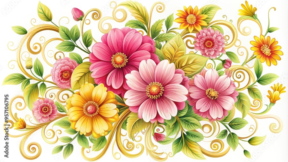 Vibrant blooming flowers in shades of pink and yellow, surrounded by intricate ornate swirls and leaves, set against a soft white background in vector design. Vibrant blooming flowers in shades of pink and yellow, surrounded by intricate ornate swirls and leaves, set against a soft white background in vector design.