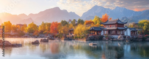 Mountain lake with turquoise water in autumn day. Zen lake. Beautiful reflection of mountains and autumn foliage. photo