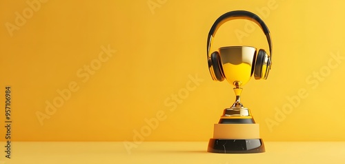 A golden trophy with headphones against a bright yellow background, representing achievements in music and audio. photo