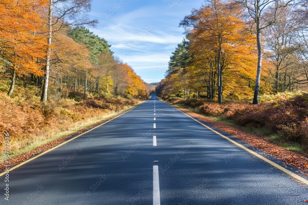Overcast skies and a road bordered by trees in autumn Overcast skies and a road bordered by trees in autumn