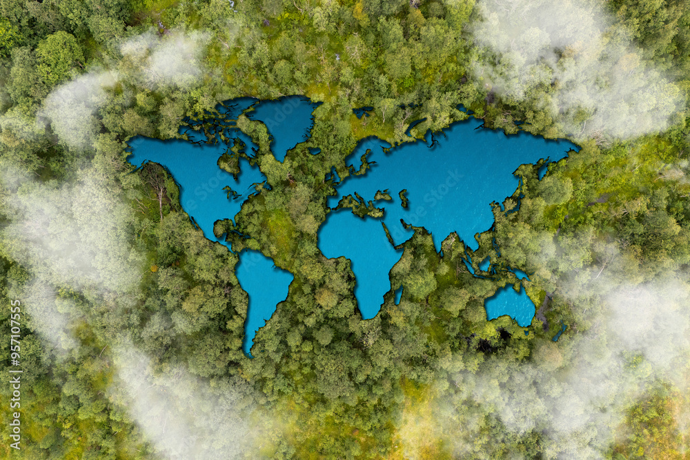 A lake in the shape of the world's continents in the middle of untouched nature. A metaphor for ecological travel, conservation, climate change, global warming and the fragility of nature.3d rendering A lake in the shape of the world's continents in the middle of untouched nature. A metaphor for ecological travel, conservation, climate change, global warming and the fragility of nature.3d rendering