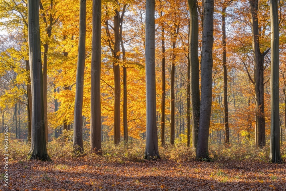 Fototapeta premium The path is gravel or soil with yellow orange leaves on the tree in autumn, with soft sunlight shining through the trees and brown leaves on the ground.