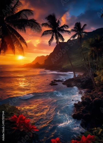 beautiful sunset over the ocean with palm trees