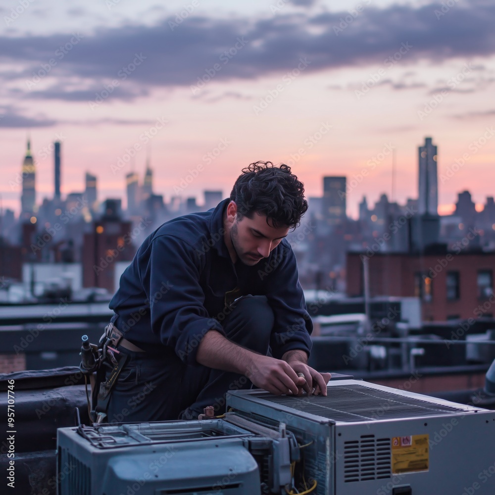 sunset view with technician on rooftop working on hvac system city ...