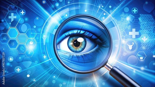 Vibrant blue background with 3D illustration of human eye, magnifying glass, and medical symbols, perfect for ophthalmology clinics, vision care, and eye health awareness campaigns. photo