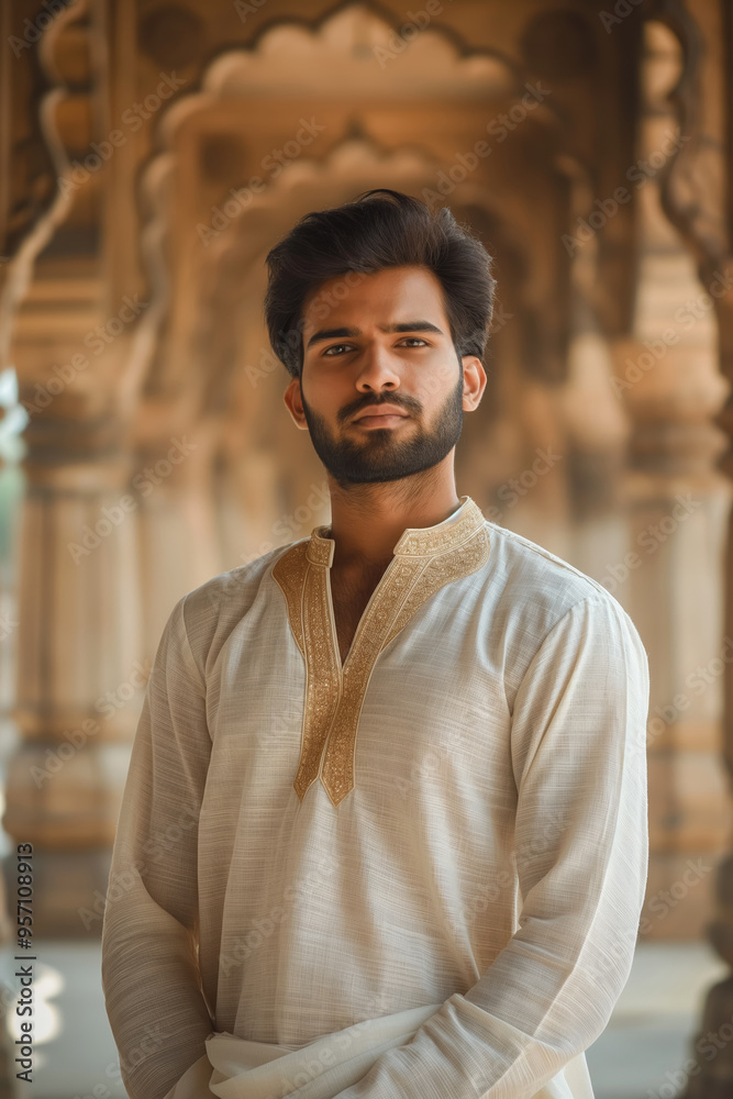 Obraz premium Young Man in Traditional Attire Posing in Historical Architectural Setting