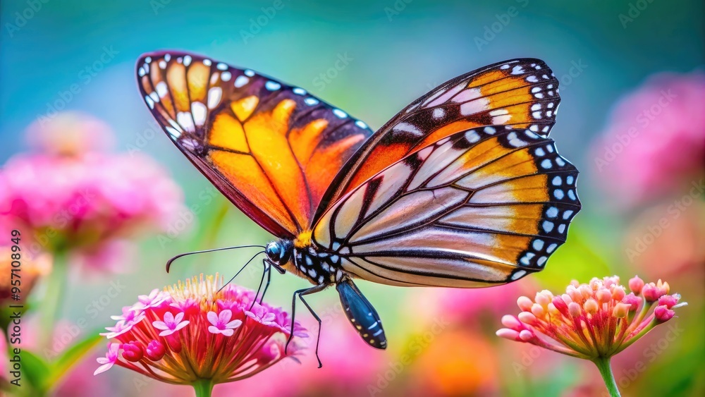 Vibrant butterfly with delicate wings and slender body perches on a soft, velvety pink flower, showcasing intricate details and natural beauty in serene harmony. Vibrant butterfly with delicate wings and slender body perches on a soft, velvety pink flower, showcasing intricate details and natural beauty in serene harmony.