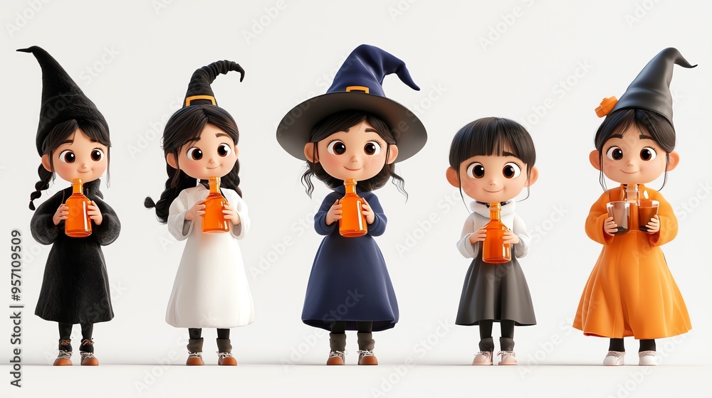 Charming animated characters in colorful outfits, playing flutes, perfect for children's illustrations and Halloween themes. Charming animated characters in colorful outfits, playing flutes, perfect for children's illustrations and Halloween themes.