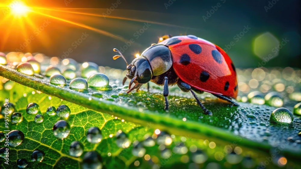 Vibrant close-up of a curious ladybug perched on a delicate green leaf, its shiny black and red shell glistening with dew droplets in morning light. Vibrant close-up of a curious ladybug perched on a delicate green leaf, its shiny black and red shell glistening with dew droplets in morning light.