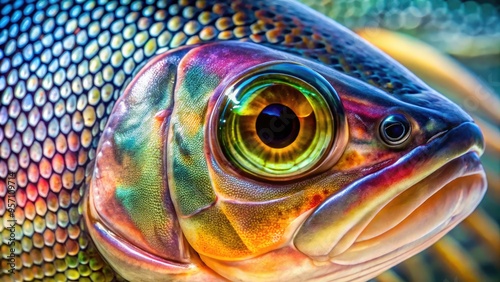 Vibrant close-up of a fish's delicate gill slits, intricate scales, and soft flesh, with gentle ripples and subtle lighting accentuating its intricate anatomy. photo