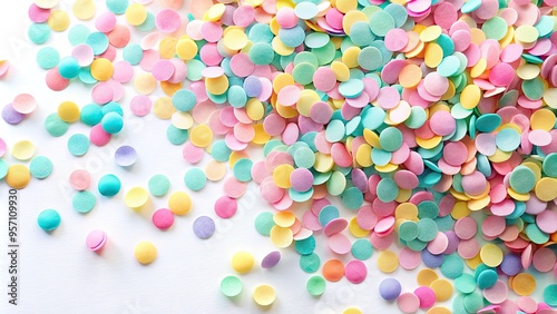 Vibrant pastel confetti sprinkles scattered across a bright white background, creating a whimsical and playful atmosphere perfect for celebrations, parties, and joyful occasions.