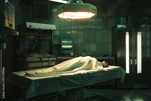 A sterile, cold mortuary room with a body under a white sheet illuminated by a harsh overhead light.