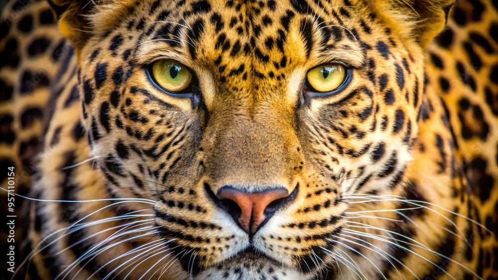 Naklejka premium Vibrant close-up of a leopard's distinctive fur patterns, showcasing golden eyes and intricate markings on a subtle gradient background, evoking a sense of wild elegance.