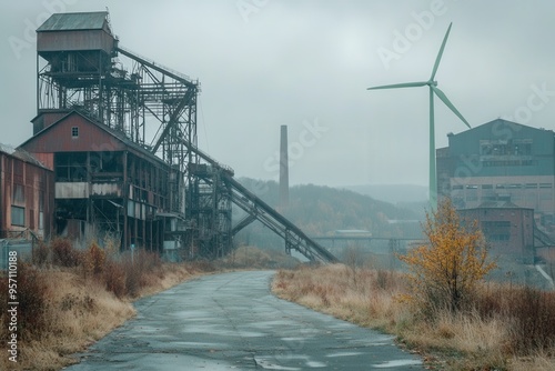 Abandoned coal mines are juxtaposed with wind turbines, illustrating the transition from traditional industry to renewable energy sources. Generative AI