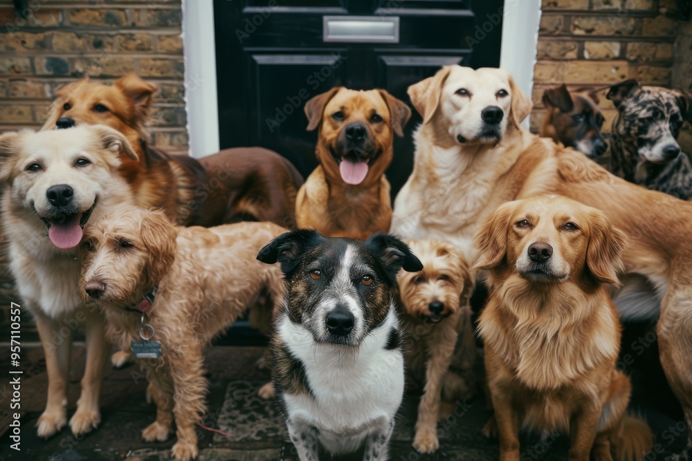 A charming group of dogs of various breeds and sizes sitting in front of a doorway, all looking curiously at the camera. A charming group of dogs of various breeds and sizes sitting in front of a doorway, all looking curiously at the camera.