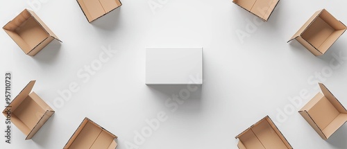 An aerial view of a white box surrounded by open cardboard boxes on a clean surface, symbolizing packaging and delivery.