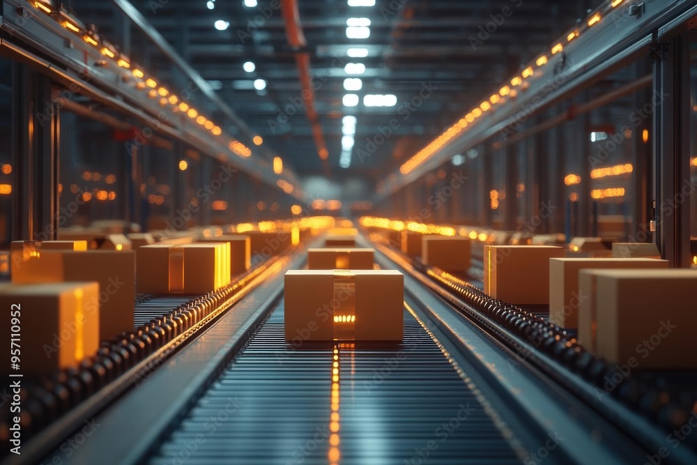 Packages moving on an automated assembly line, modern warehouse, cinematic lighting, realistic textures, industrial setting, 3D rendering  ,