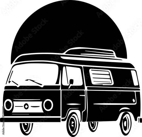 A black van with a white sun on the side