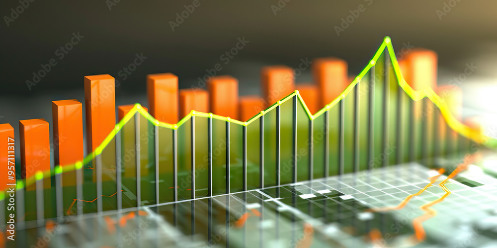 Naklejka premium Abstract corporate revenue graph, displaying growth in profits with a green upward trend and a touch of orange for emphasis, on a neutral background.