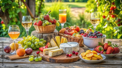 Vibrant colorful arrangement of fresh fruits, artisanal cheeses, crusty bread, and refreshing beverages on a rustic wooden table, perfect for summer gatherings and outdoor entertaining.