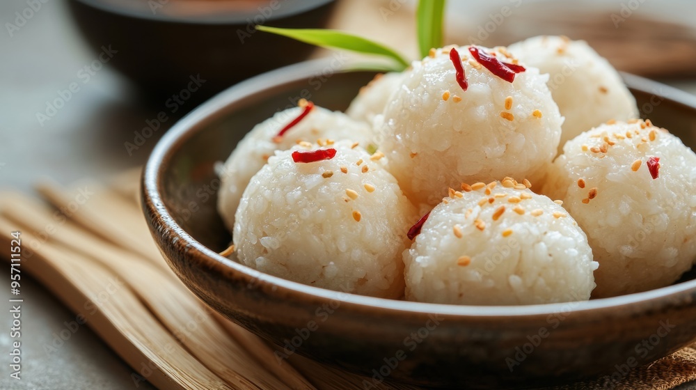 Delectable Japanese Rice Balls Served on Wooden Platter Delectable Japanese Rice Balls Served on Wooden Platter
