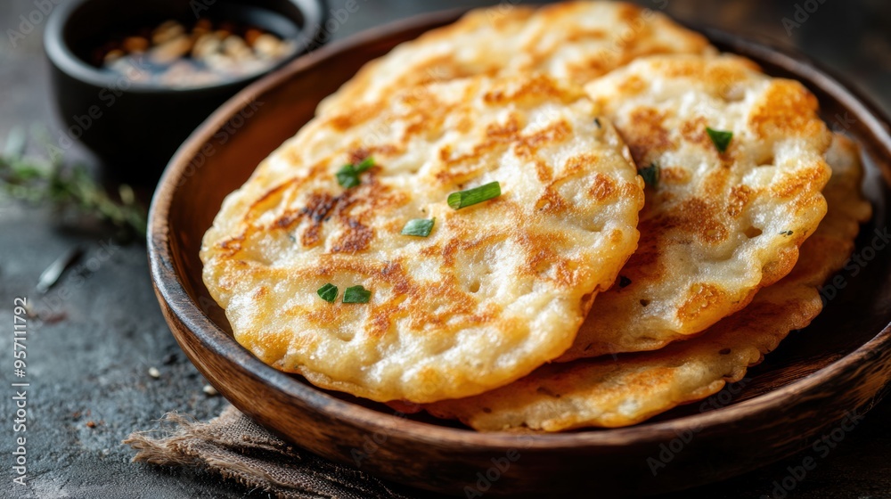 Delicious Golden Pancakes with Savory Garnishes Served on Rustic Wooden Plate Delicious Golden Pancakes with Savory Garnishes Served on Rustic Wooden Plate