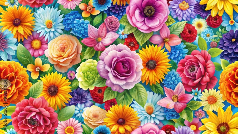 Vibrant, colorful flowers bloom in a continuous, repeating seamless pattern, creating a stunning, intricate design perfect for wallpaper, fabric, or digital backgrounds. Vibrant, colorful flowers bloom in a continuous, repeating seamless pattern, creating a stunning, intricate design perfect for wallpaper, fabric, or digital backgrounds.