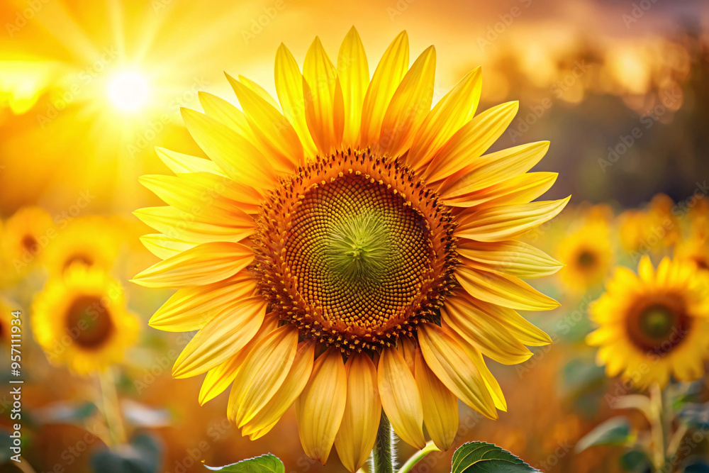 Obraz premium A close-up of a sunflower in full bloom, captured against a backdrop of a sunny field. The petals are vibrant yellow, radiating warmth