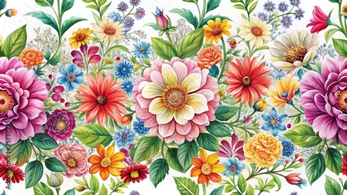 Vibrant, colorful flowers bloom against a soft, white background, surrounded by a seamless, repeating border of interlocking floral elements, perfect for textiles and designs.
