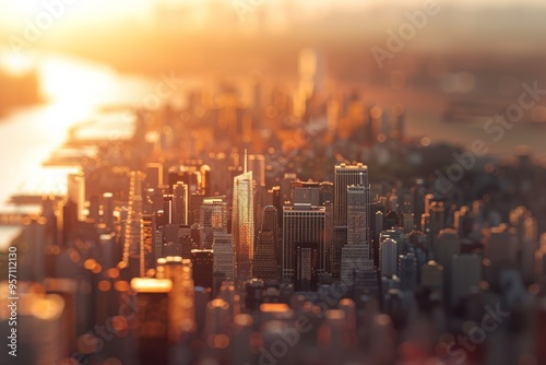 A stunning aerial view of a city bathed in golden sunlight showcases its dense architecture and a river flowing nearby.