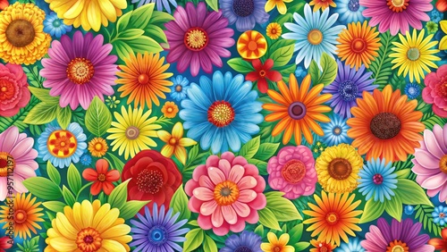 Vibrant colorful flowers in a seamless repeat pattern, creating a stunning and elegant design perfect for wallpapers, fabrics, and wrapping papers.