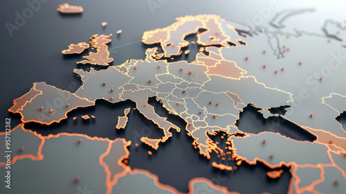 Map of Europe in light grey with orange sparkles