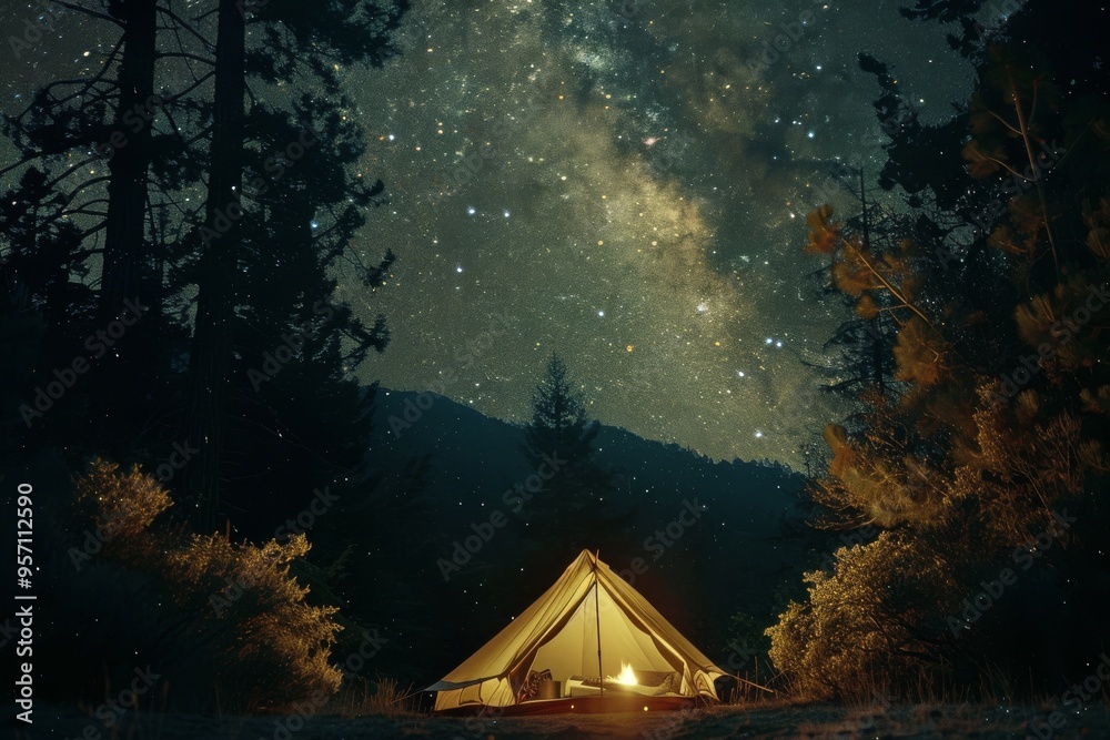 A glowing tent under a starlit sky amidst forest trees, capturing the essence of a peaceful camping night. A glowing tent under a starlit sky amidst forest trees, capturing the essence of a peaceful camping night.