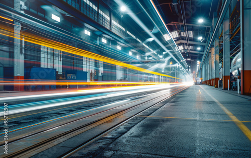 Long exposure photography of modern logistic center in factory