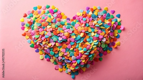 Vibrant, colorful heart-shaped confetti sprinkles against a soft, pastel background, creating a whimsical and playful atmosphere perfect for love-themed celebrations and romantic occasions.