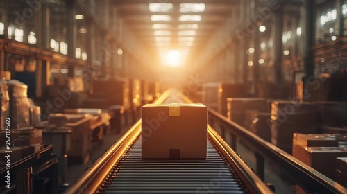 Box on a conveyor in a spacious warehouse, warm afternoon light, hyperrealistic, focus on motion, depth and perspective ,