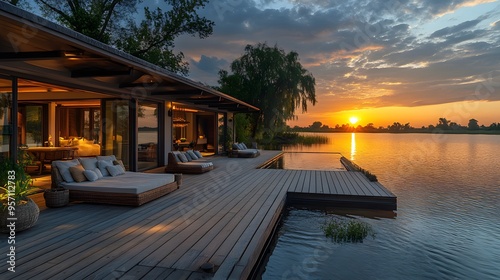 A luxurious lakeside retreat with a wooden deck extending over the water, perfect for watching the sunset