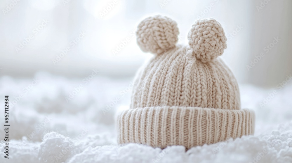 Cozy Knitted Winter Hat with Pom Poms in Snow Covered Landscape Cozy Knitted Winter Hat with Pom Poms in Snow Covered Landscape