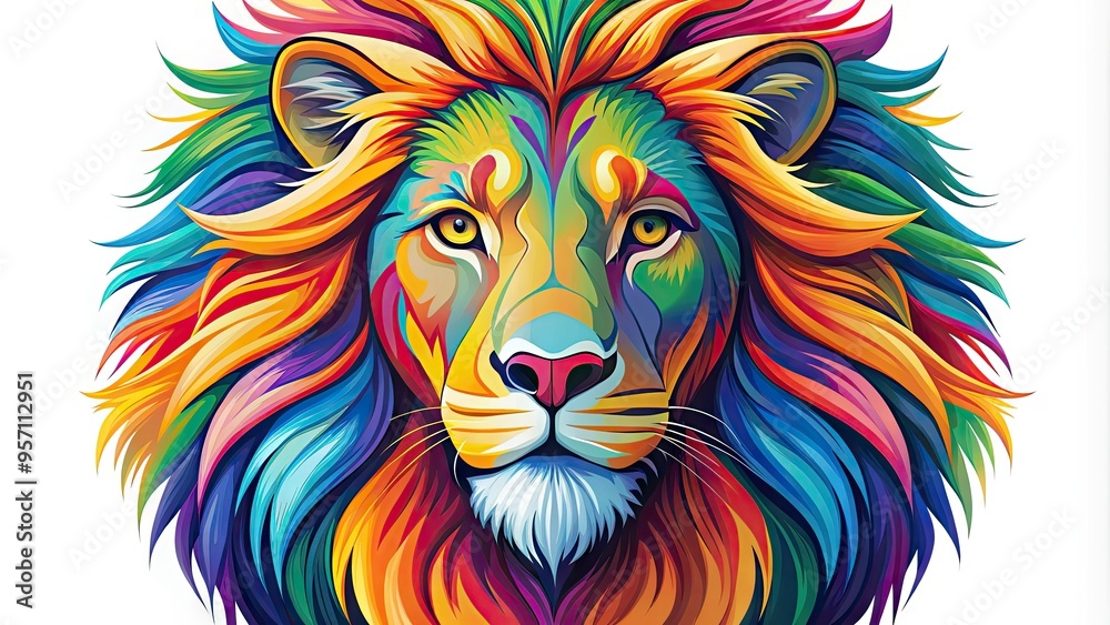 Vibrant colorful illustration of a proud lion's head with a majestic mane, elegant whiskers, and a gentle expression, set against a clean white background vector. Vibrant colorful illustration of a proud lion's head with a majestic mane, elegant whiskers, and a gentle expression, set against a clean white background vector.