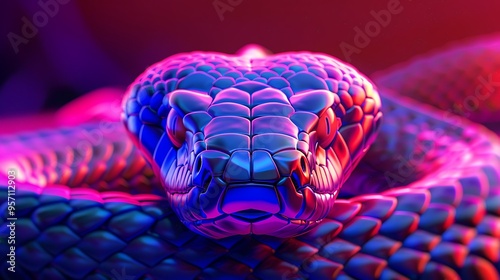 AI-generated king cobra depicted in striking neon colors, with its hood spread wide and glowing against a dark, intense backdrop photo