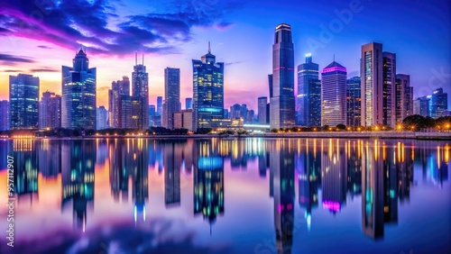 Vibrant purple and blue gradient hues illuminate a serene urban cityscape at dusk, with gleaming skyscrapers and neon lights reflected in a calm river water surface.