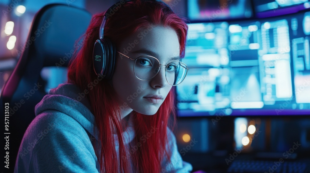 A woman wearing glasses gamer and a streamer with red hair style sits in front of the screen background wallpaper AI generated image A woman wearing glasses gamer and a streamer with red hair style sits in front of the screen background wallpaper AI generated image