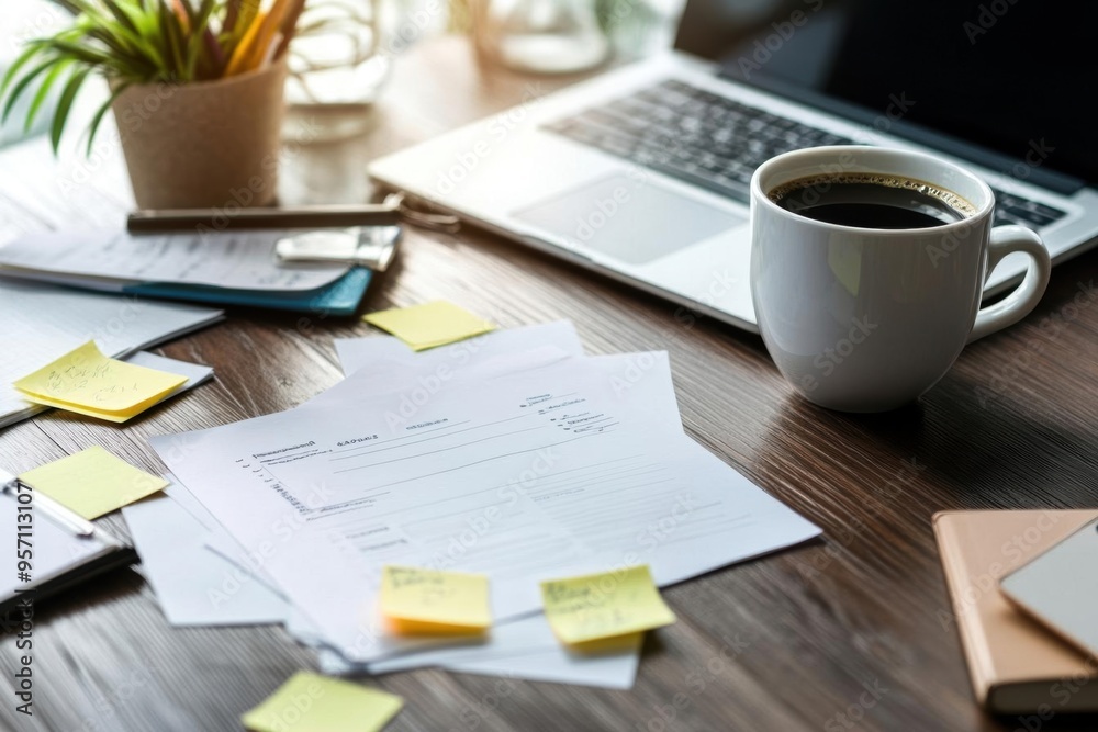 Business plan template on a desk with sticky notes and coffee, planning session