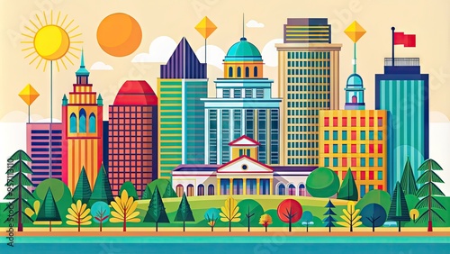 Vibrant colorful illustration of Fresno cityscape with iconic landmarks, trees, and sun, stylized with bold lines and geometric shapes in a modern vector design.