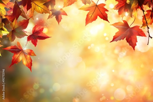 The border of orange maple leaves on a branch emits autumn vibes with bokeh in the background