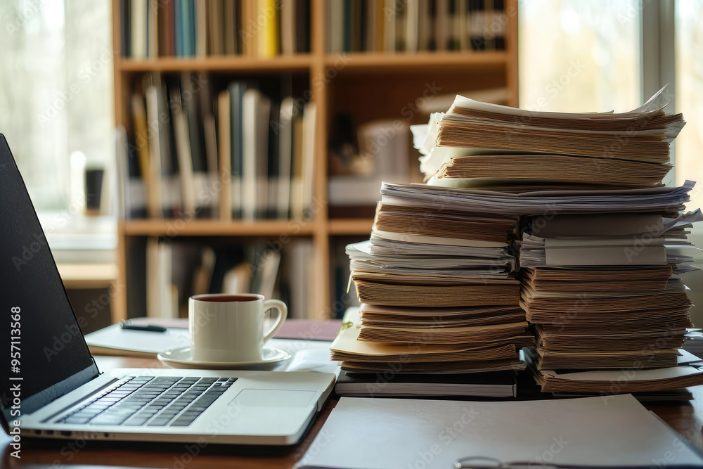 Messy workplace of a scientist or office worker with a laptop and a cup of coffee. The concept of overworking, a lot of work, lack of time Messy workplace of a scientist or office worker with a laptop and a cup of coffee. The concept of overworking, a lot of work, lack of time