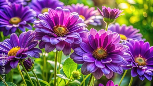 Vibrant purple flowers blooming amidst lush green foliage on a sunny day, with delicate petals and intricate details, showcasing the beauty of nature's finest specimens.