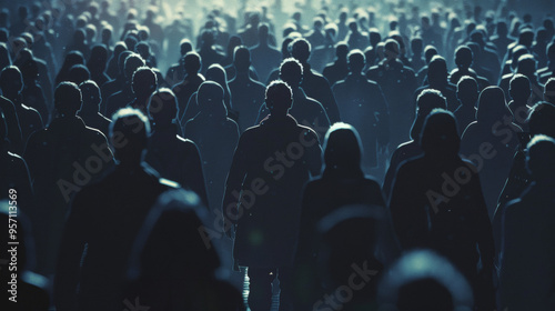 Crowd of sad identical silhouetted people walking