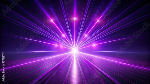 Vibrant purple laser beams radiate from a sleek, modern light source, casting an otherworldly glow against a dark, gradient-colored studio backdrop. photo