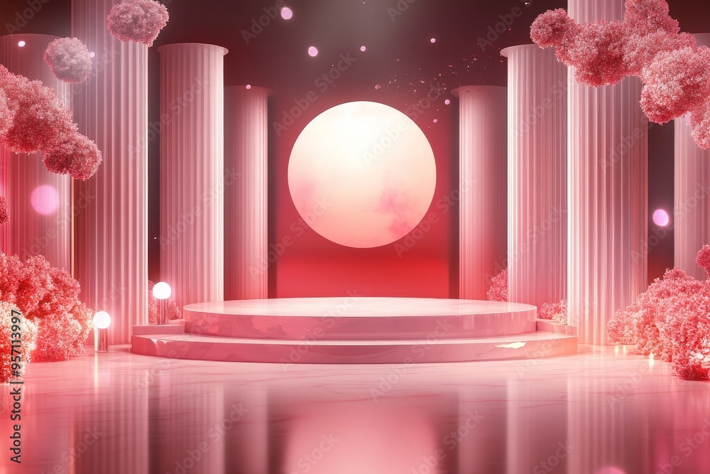 Pink podium with pink round light and pink flowers in front of columns.